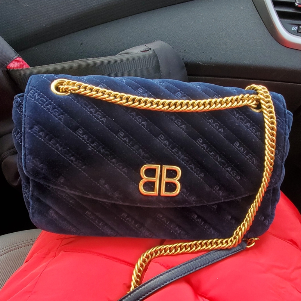 Navy blue velvet BB round balenciaga